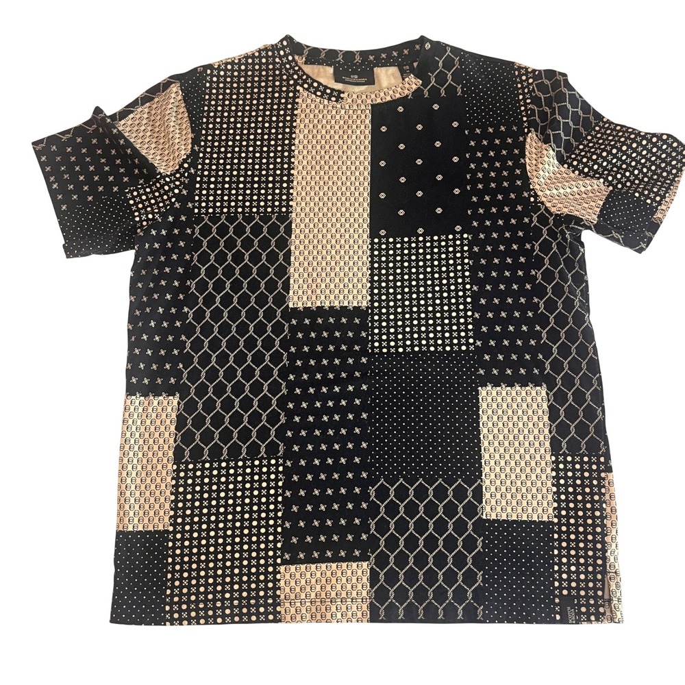 Scotch & Soda Mens M Patchwork Print T-Shirt Black Cream Cotton Short Sleeve Tee